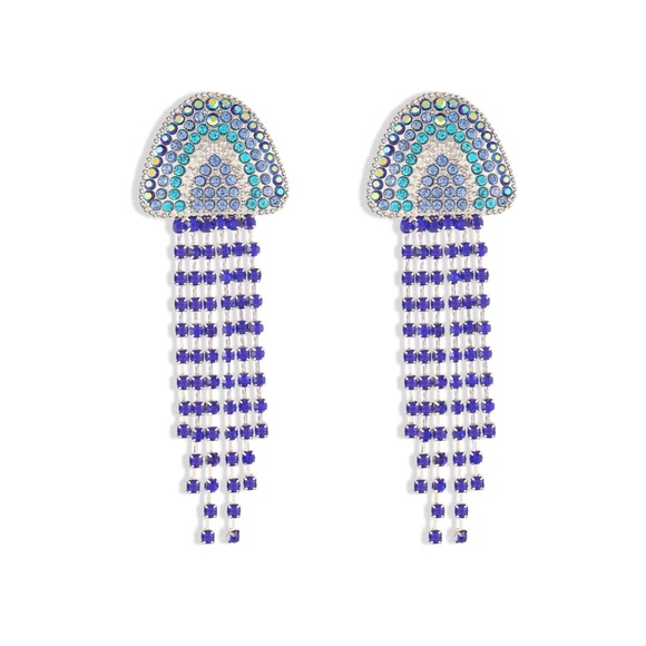 NEW! Statement Earrings Long Tassel Unique Rhinestone Drop Crystal Dangling Blue - Picture 1 of 10